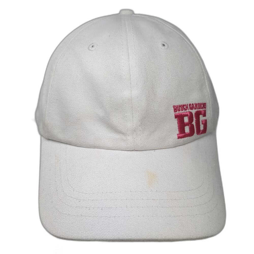 Busch Gardens Baseball Cap White One Size Pink BG Side Embroidery Strapback Hat